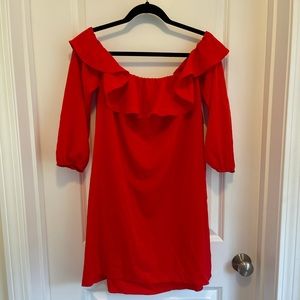 Fun and flirty off the shoulder red dress!